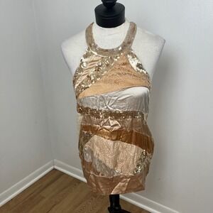 VTG Sequin Silk Lace Patchwork Bebe Glam Halter Top Women Gold Champagne Luxe XS